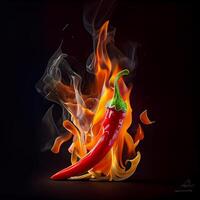 Red chili with burning fire flame on black background. photo