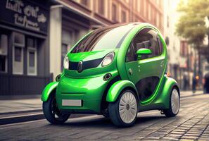 Green future car on the road in the city urban scene at day background. Technology and transportation concept. photo