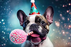 Portrait of cute happy French Bulldog with rolled party blower in the celebration party and bokeh light confetti in the bright background. photo