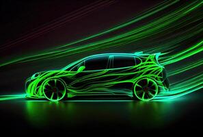 Modern car with green light trail as speed and energy power on black dark background. Transportation and innovation concept. photo