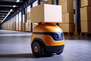 Robot AGV transporting cardboard box in warehouse background. Technology innovation and delivery concept. photo