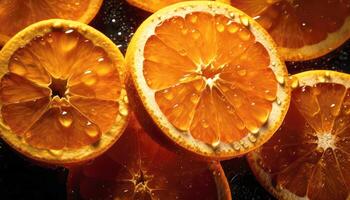 Close up of clean cut oranges with water drop in dark black background. Fresh fruit and Vegetable concept. Nutrition and vitamin theme. photo