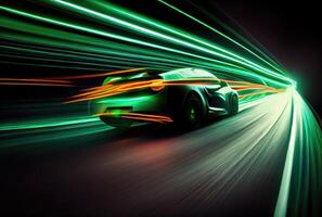 Car speed with blurry light trail in the dark background. Transportation and Technology concept. photo