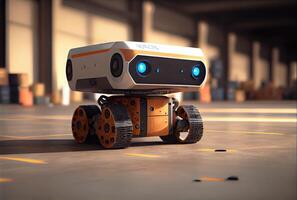 Robot AGV transporting cardboard box in warehouse background. Technology innovation and delivery concept. photo