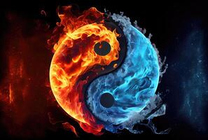 fuego y hielo clima en el yin y yang en oscuro antecedentes. resumen y contraste símbolo concepto. generativo ai foto