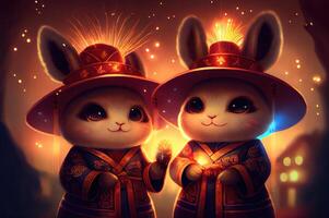 Cute rabbits couple in Chinese outfits clothes celebrating Chinese New year with colorful fireworks background. photo