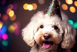 Closeup of portrait happy Poodle do wearing party hat for celebration with bokeh background. Animal and pet concept. photo