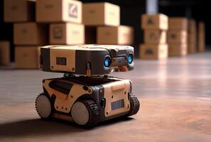 Robot AGV transporting cardboard box in warehouse background. Technology innovation and delivery concept. photo