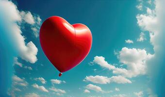Red balloon in heart shape flying on the air with blue sky background. Valentines day concept. photo