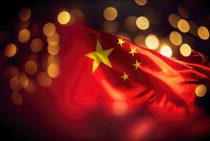 China flag with shiny bokeh light background. China flag in the dark with illumination light. National day concept. photo