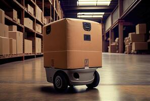 Robot AGV transporting cardboard box in warehouse background. Technology innovation and delivery concept. photo