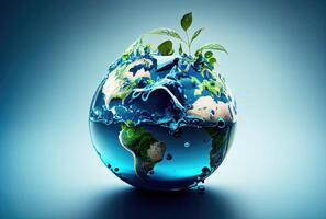 Earth in water drop shape dropping on the ground background. Environment and World savings concept. Digital art illustration. photo