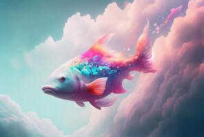Rainbow color fish swimming in the sky with cloudy background. photo