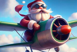 Santa Claus flying on a propeller plane above the blue sky and cloudy background. Merry Christmas and Happy new year concept. Digital art illustration. photo