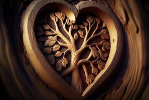 corazón forma tallado en el árbol antecedentes. belleza en naturaleza y hecho a mano concepto. digital Arte ilustración. generativo ai foto