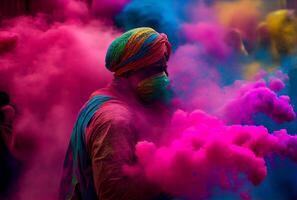 hindú personas con vistoso almidón polvo en holi festival o festival de colores. generativo ai foto