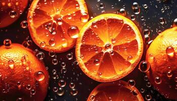 cerca arriba de limpiar cortar naranjas con agua soltar en oscuro negro antecedentes. Fresco Fruta y vegetal concepto. nutrición y vitamina tema. generativo ai foto