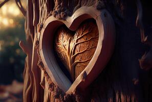 corazón forma tallado en el árbol antecedentes. belleza en naturaleza y hecho a mano concepto. digital Arte ilustración. generativo ai foto