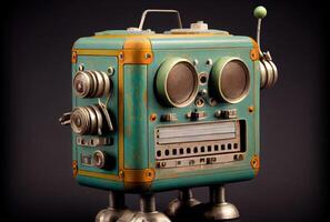 Retro tin robot toy on the minimal background. Playful and fun concept. photo