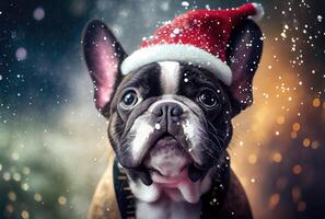 Happy French bulldog dog in Santa Claus costume and shiny bokeh background. Animal and Holiday concept. photo