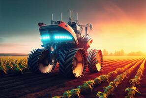 Robot farming harvesting agricultural products in crop field. Innovative futuristics technology and 5G smart farming concept. photo