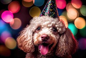 Closeup of portrait happy Poodle do wearing party hat for celebration with bokeh background. Animal and pet concept. photo