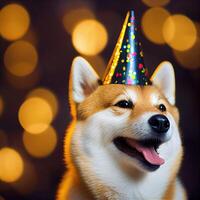 Happy Shiba inu dog in party with bokeh light background. Animal and pet concept. photo