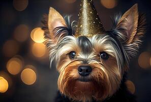 Happy Yorkshire Terrier wearing party hat for celebration with bokeh background. Animal and pet concept. photo