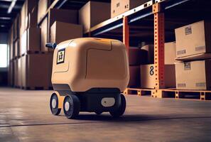 Robot AGV transporting cardboard box in warehouse background. Technology innovation and delivery concept. photo