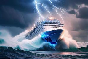Cruise ship encounters huge waves and raging storms. Transportation and Nature concept. photo