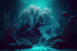 Deep sea and aquatic life with sunshine background. Marine life and undersea concept. photo