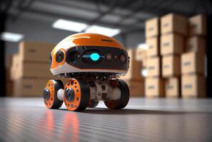 Robot AGV transporting cardboard box in warehouse background. Technology innovation and delivery concept. photo
