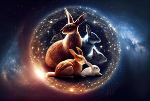 Rabbit zodiac constellation star sign and symbol in the universe with shining stars background. photo