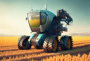 Robot farming harvesting agricultural products in crop field. Innovative futuristics technology and 5G smart farming concept. photo