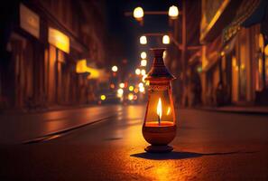 Diya lamp with bokeh light at the downtown street in Diwali festival. photo