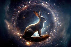 Rabbit zodiac constellation star sign and symbol in the universe with shining stars background. photo