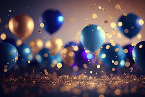 Blue and gold balloons for New Year party celebration with confetti background. photo