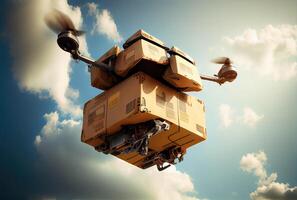 Cute future delivery drone with parcel box flying over the high sky background. Innovative technology and transportation concept. Digital art illustration. photo