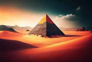 pirámide en el arena duna Desierto y cielo antecedentes. viaje destino y arquitectura concepto. digital Arte ilustración. generativo ai foto