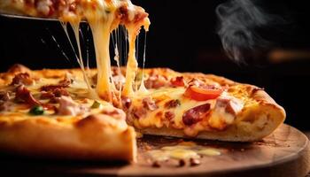 Slice of hot large cheesy pizza crust topping with sausage meat sauce ham bell pepper vegetables and ham on wooden board with smoke melting cheese. Delicious tasty Italian food concept. photo