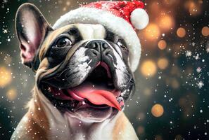 Happy French bulldog dog in Santa Claus costume and shiny bokeh background. Animal and Holiday concept. photo