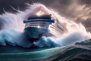 Cruise ship encounters huge waves and raging storms. Transportation and Nature concept. photo