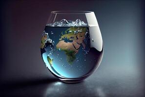Earth in water bottle glass on the ground background. Environment and World savings concept. Digital art illustration. photo