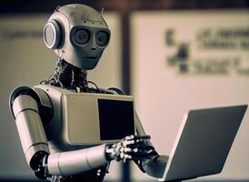 Robot learning by itself. Machine learning and Artificial intelligence concept. Self-learning innovation theme. photo