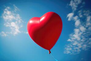 Red balloon in heart shape flying on the air with blue sky background. Valentines day concept. photo