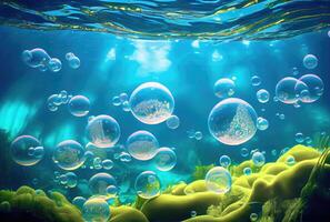 Blue glossy water bubble in underwater background. Nature and abstract concept. photo