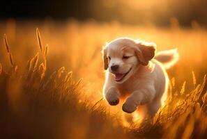 Happy cute puppet Golden Retriever dog running in the meadow on golden sunlight background. photo