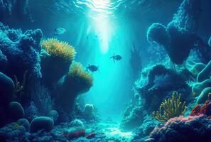 Deep sea and aquatic life with sunshine background. Digital art illustration. Marine life and undersea concept. photo