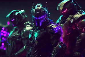 Reunion of men team squad in cyberpunk city. Sci-fi and Futuristics concept. photo
