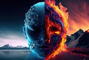 Half fire and half ice human face mask with the sky and mountain background. Metaphor and conflict concept. photo